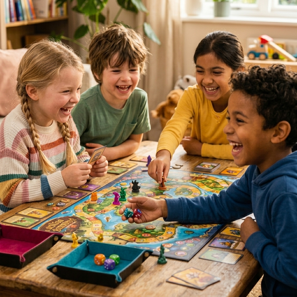 Children laughing and playing a board game together in a bright room